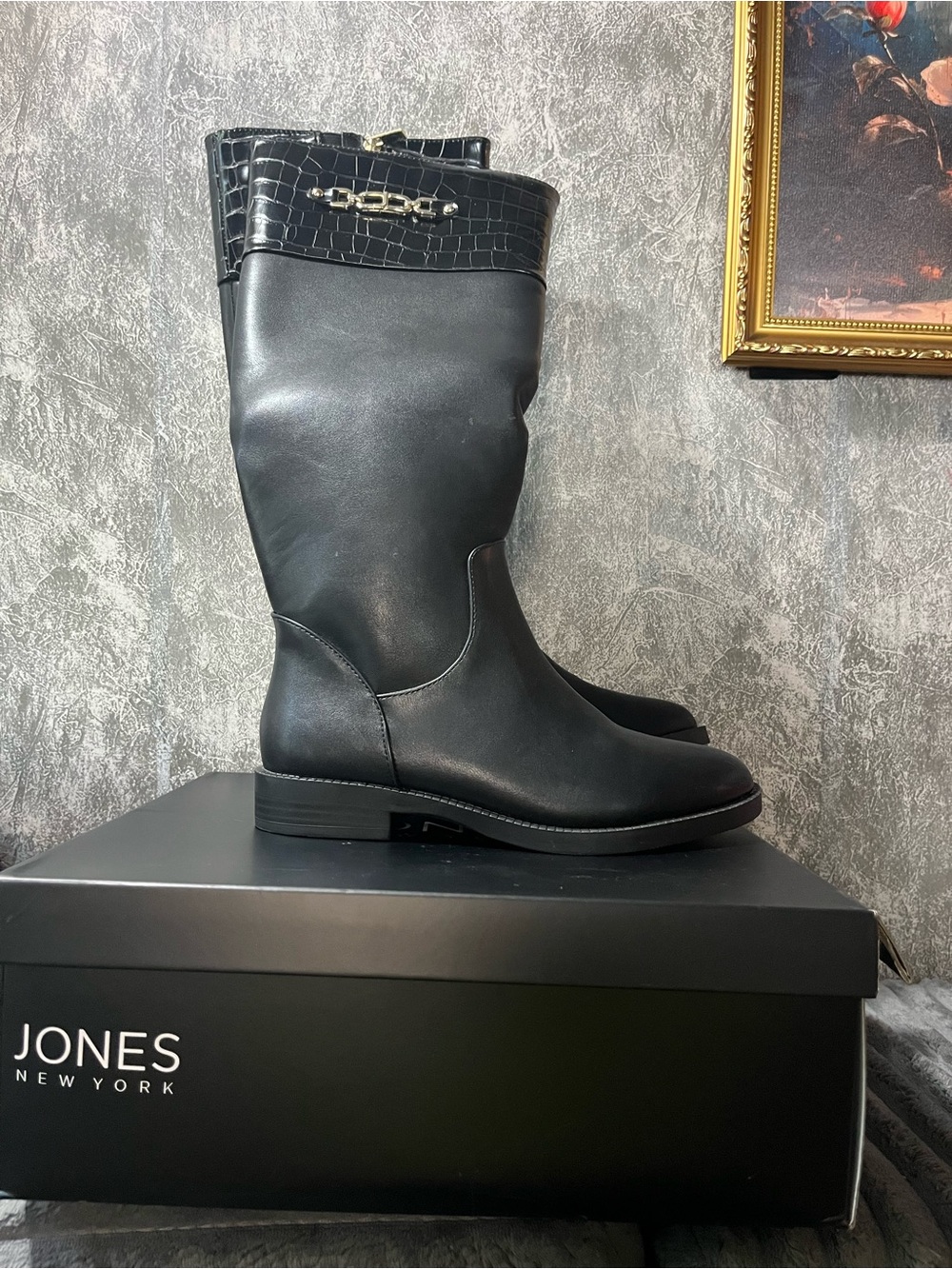 Jones New York Black Leather Tall Boots with Croc-Texture Cuff